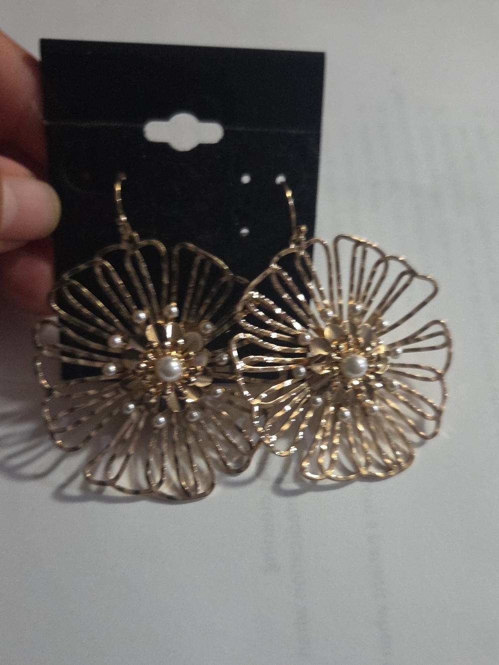 Gold Floral Filigree Drop Earrings with Pearl Accent - Women Jewelry